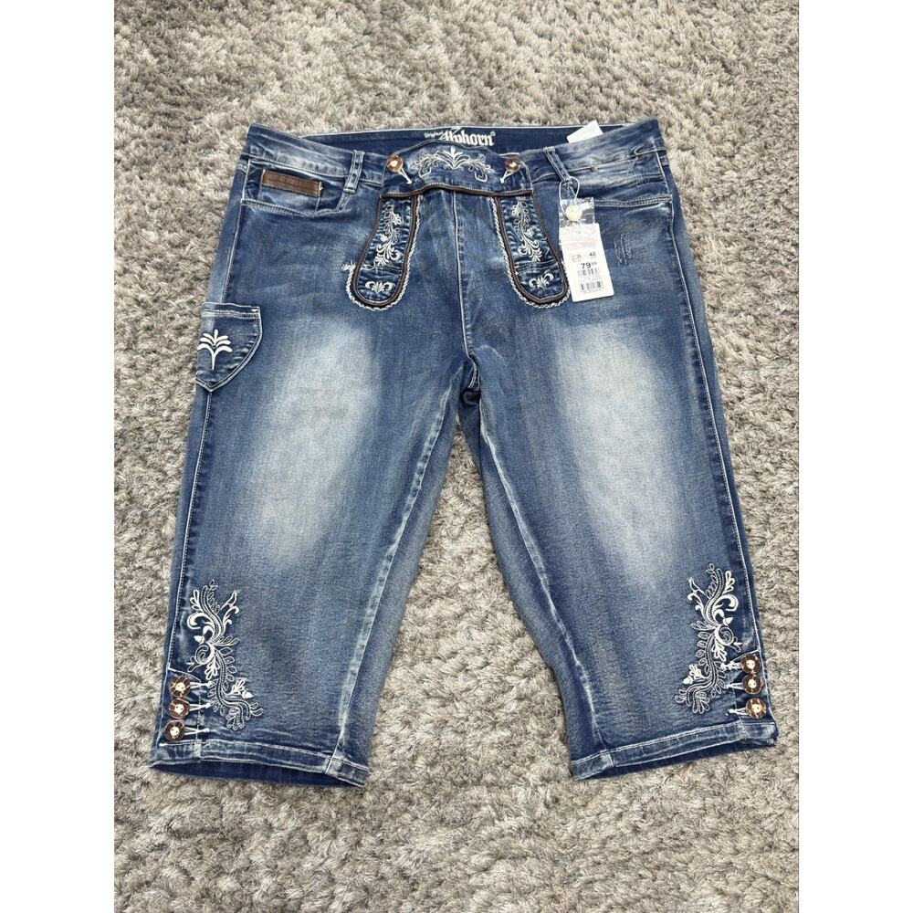 Alphorn Denim Lederhosen Capri Blue Trachten Alpine Women EU 48 US 16/18 NWT